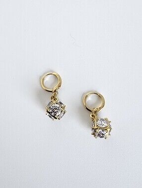 Gold Plated CZ Cube Drop Huggie Earrings Dainty Sparkly Luxury Gift